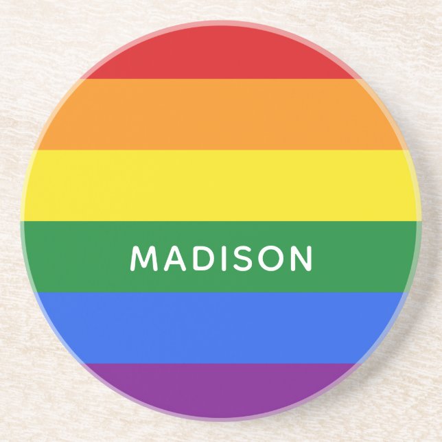 Rainbow Flag custom name sandstone coaster (Front)