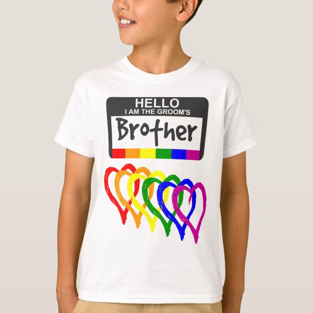 Rainbow Flag Hearts Groom Brother Name Badge T-Shirt (Front)