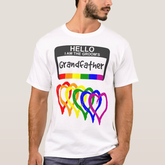 Rainbow Flag Hearts Groom Grandfather Name Badge T-Shirt (Front)