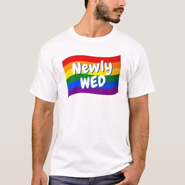 Rainbow Flag Newlywed just married gay wedding T-Shirt (Front)