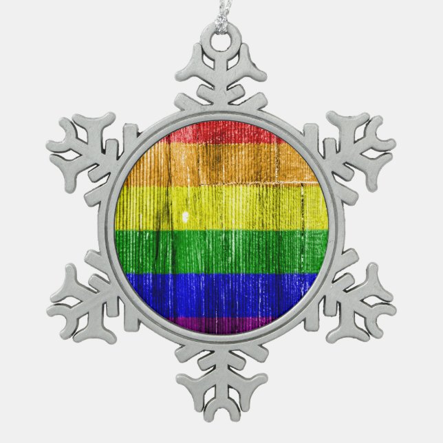 RAINBOW FLAG SQUARE WOOD PATTERN -.png Snowflake Pewter Christmas Ornament (Front)