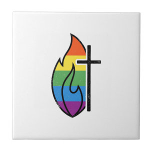Rainbow Flame Cross Vintage Christian Vector Desig Tile