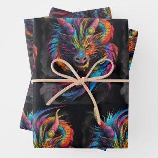 Rainbow Flame – Multi-colored Fantasy Dragon Wrapping Paper Sheet