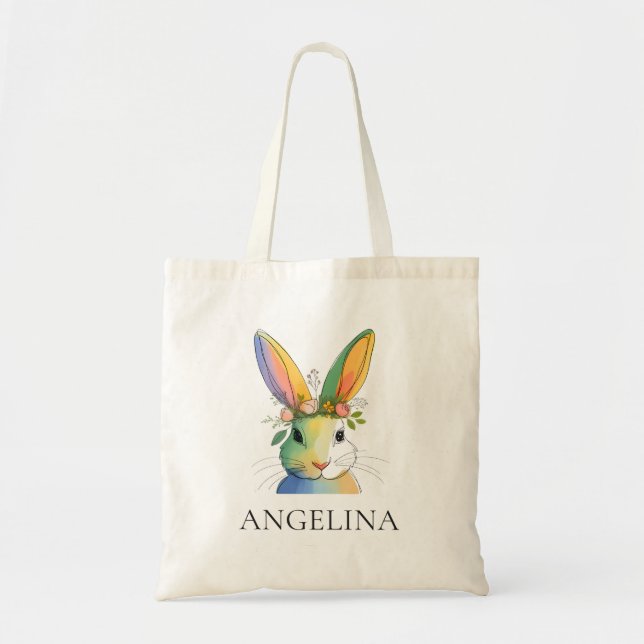 Rainbow Floral Bunny Personalized Easter Tote Bag (Front)