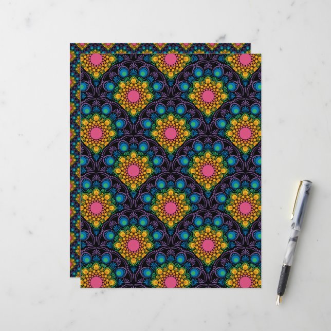 Rainbow Floral Fountain Mandala Art Deco Scallop (Front/Back In Situ)