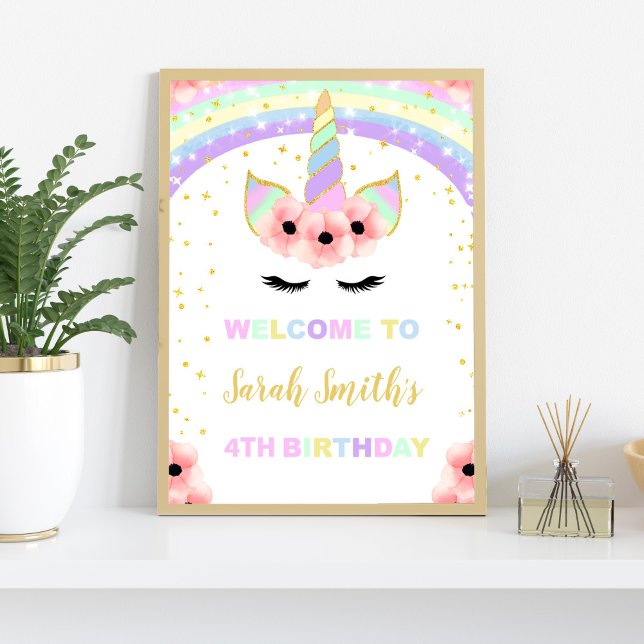 Rainbow Floral Unicorn Affiche de bienvenue de fêt (Rainbow Pink Floral Unicorn Welcome Signs)