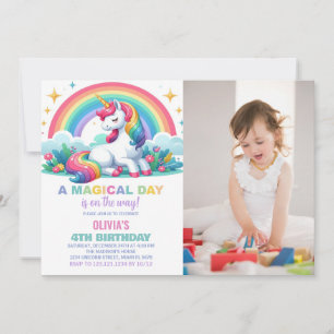 Rainbow Floral Unicorn Birthday Invitations Photo