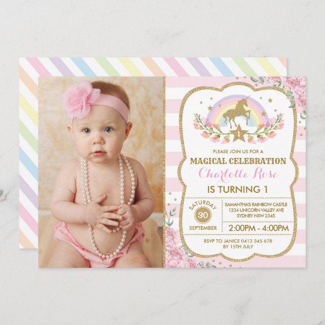 Rainbow Floral Unicorn Birthday Party Invitation (Front/Back)