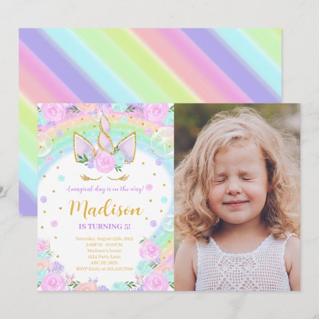 Rainbow Floral Unicorn Birthday Photo Invitation (Front/Back)