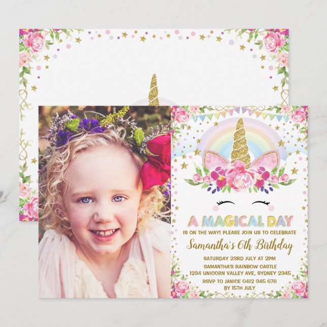 Rainbow Floral Unicorn Invitation de fête d'annive (Devant / Derrière)