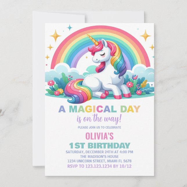 Rainbow Floral Unicorn Invitations d'anniversaire (Devant)