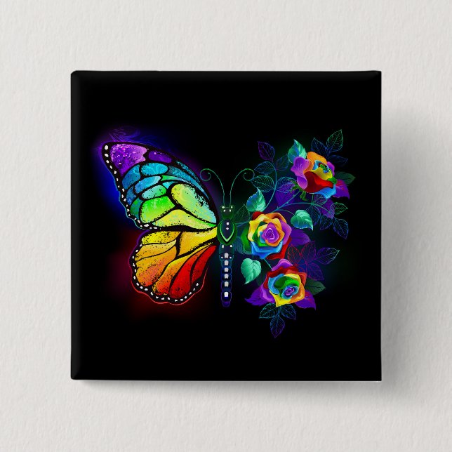 Rainbow flower butterfly 2 inch square button (Front)