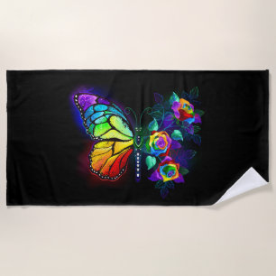 Rainbow flower butterfly beach towel
