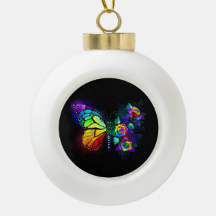 Rainbow flower butterfly ceramic ball christmas ornament