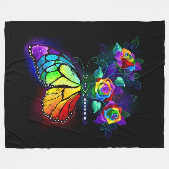 Rainbow flower butterfly fleece blanket (Front (Horizontal))