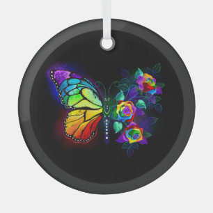 Rainbow flower butterfly glass ornament