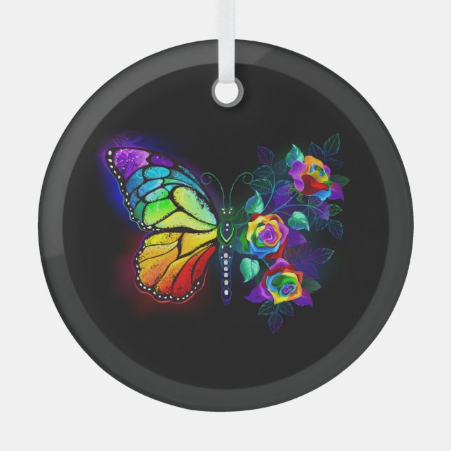 Rainbow flower butterfly glass ornament (Front)