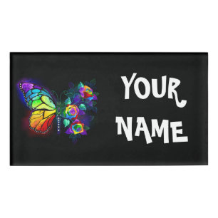 Rainbow flower butterfly name tag