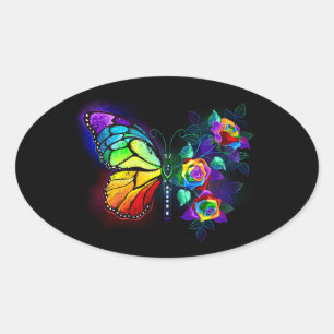 Rainbow flower butterfly oval sticker