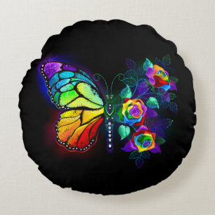 Rainbow flower butterfly round pillow