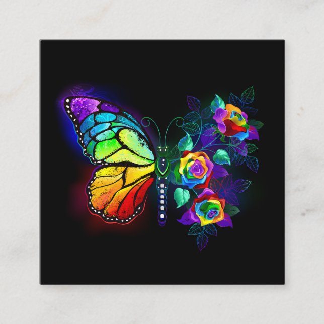 Rainbow flower butterfly square business card (Front)