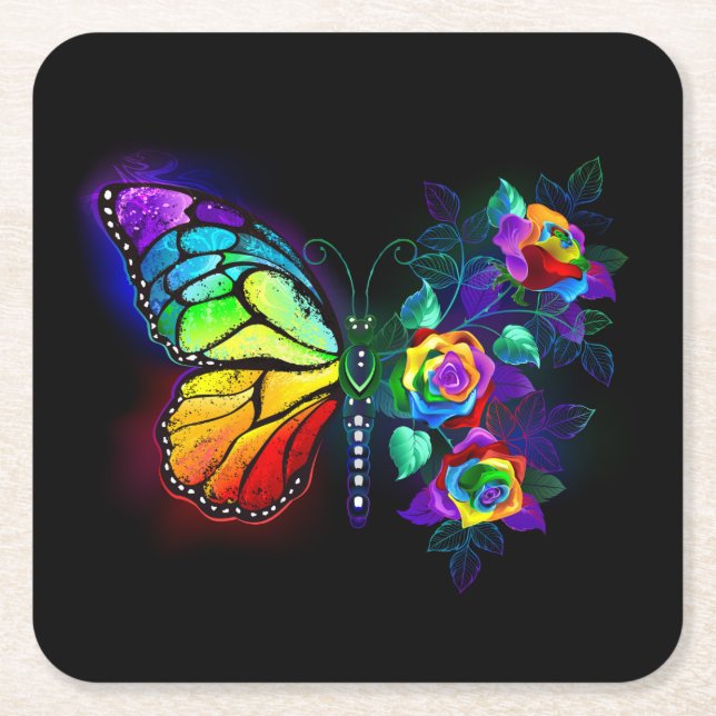 Rainbow flower butterfly square paper coaster (Front)