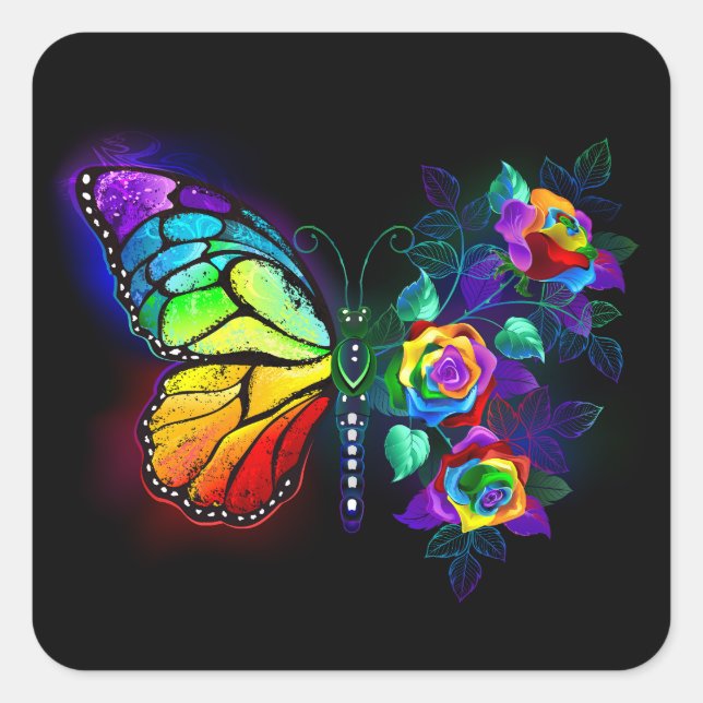 Rainbow flower butterfly square sticker (Front)