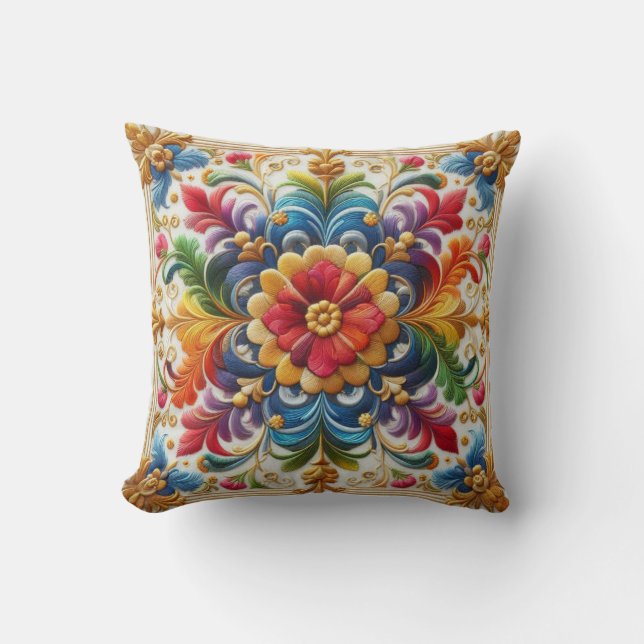 Rainbow Flower Embroidery Looking Floral Design Throw Pillow (Front)