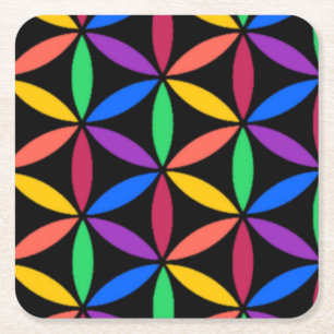 Rainbow Flower of Life Pattern Square Paper Coaster
