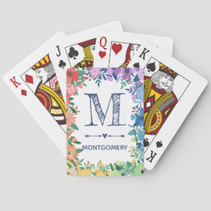 Rainbow Flowers Heart Arrows Monogram Playing Cards