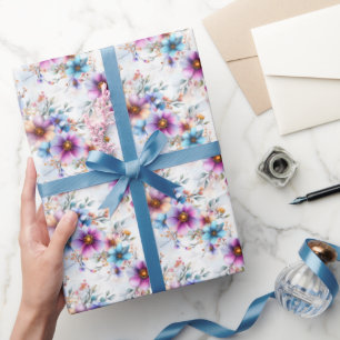 Rainbow Flowers on White Wrapping Paper
