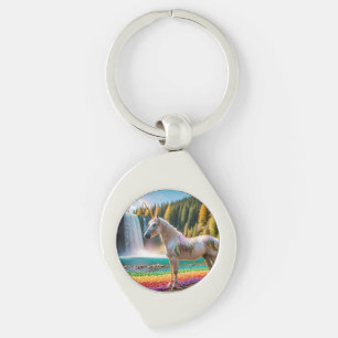 Rainbow Flowers Unicorn Green Trees Waterfall Lake Keychain