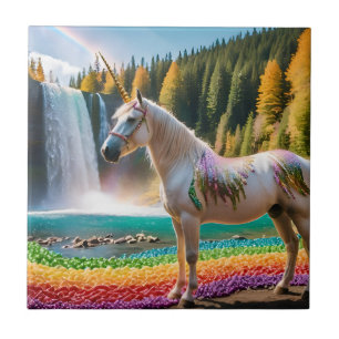 Rainbow Flowers Unicorn Green Trees Waterfall Lake Tile