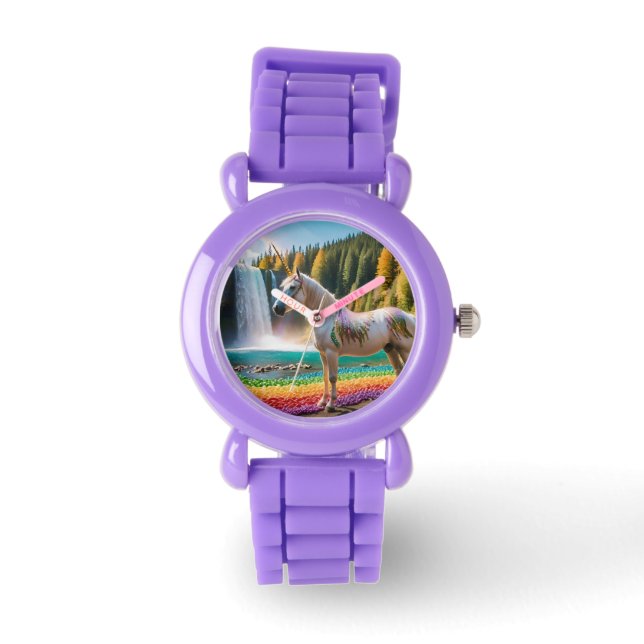 Rainbow Flowers Unicorn Green Trees Waterfall Lake Watch (Front)