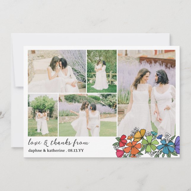 Rainbow Flowers Wedding Photo Collage Thank You (Front)
