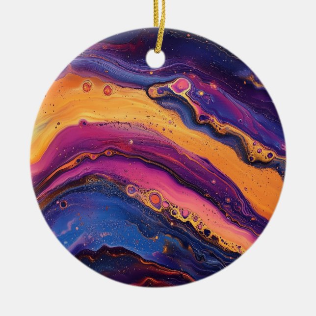 Rainbow Fluid Pour Purple & Orange Colourful Ceramic Ornament (Front)