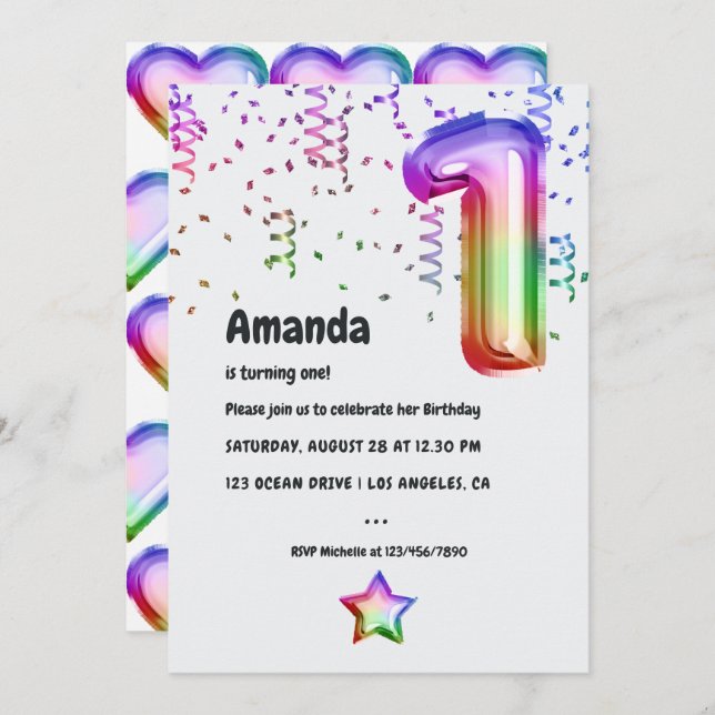 Rainbow Foil 1er Anniversaire Invitation (Devant / Derrière)