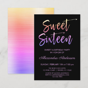 Rainbow Foil and Black Sweet Sixteen Birthday Invitation