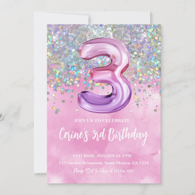 Rainbow Foil Girl 3rd Birthday Invitation (Front)