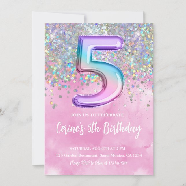 Rainbow Foil Girl 5e anniversaire Invitation (Devant)