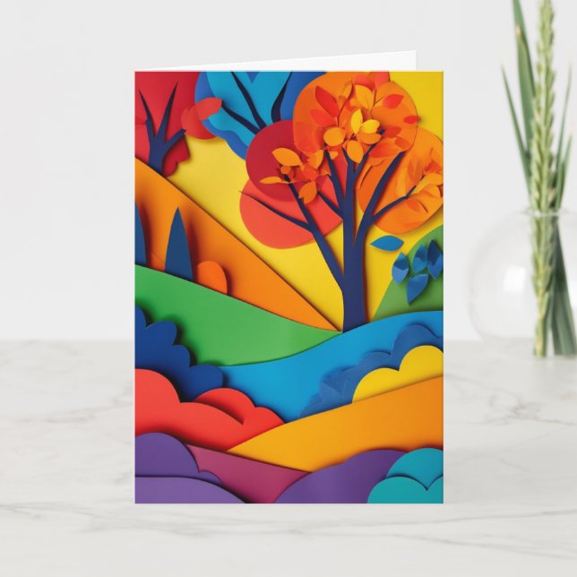 Rainbow Foliage Paper Collage Card (Front)