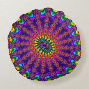 Rainbow Fractal Burst Round Pillow
