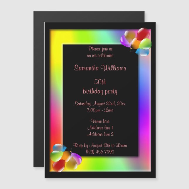 Rainbow Frame & Coloured Balloons 50th Birthday Magnetic Invitation (Front/Back)