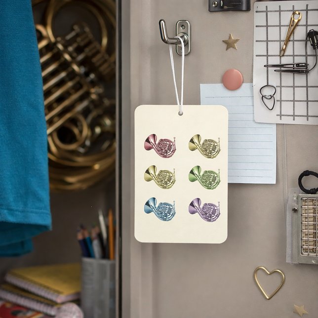 Rainbow French Horn  Air Freshener (An air freshener featuring red, orange, yellow, green, blue & purple french horns.)