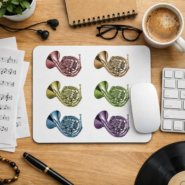 Rainbow French Horn Collage Design Mouse Pad (A mouse pad with six rainbow french horns.)