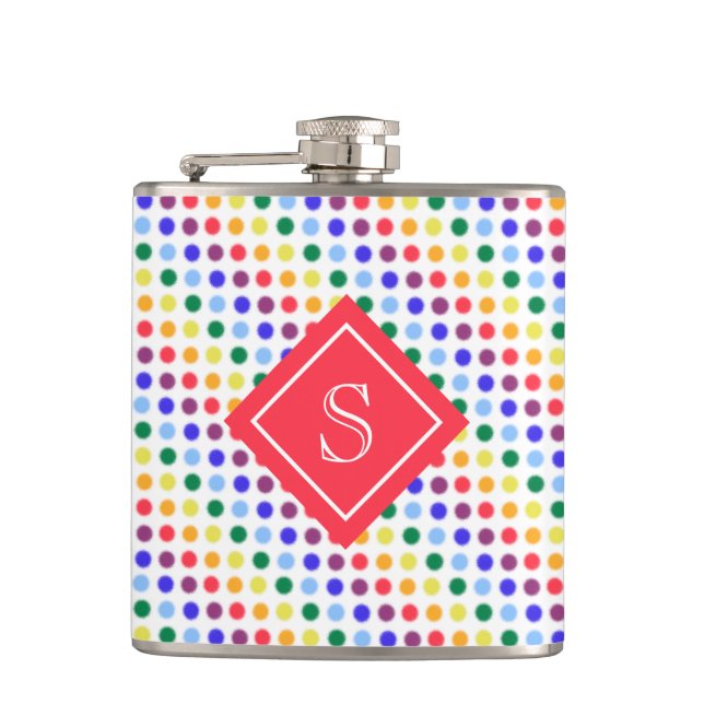 Rainbow Fuzzy Dots Personalized Monogram Hip Flask (Front)