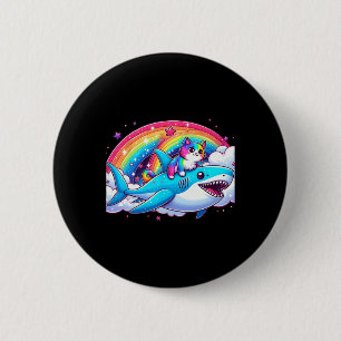 Rainbow Galaxy Cat Riding Shark In Space Funny Cat 2 Inch Round Button