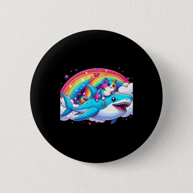 Rainbow Galaxy Cat Riding Shark In Space Funny Cat 2 Inch Round Button (Front)