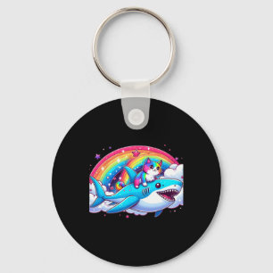Rainbow Galaxy Cat Riding Shark In Space Funny Cat Keychain
