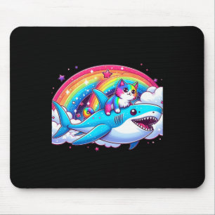 Rainbow Galaxy Cat Riding Shark In Space Funny Cat Mouse Pad
